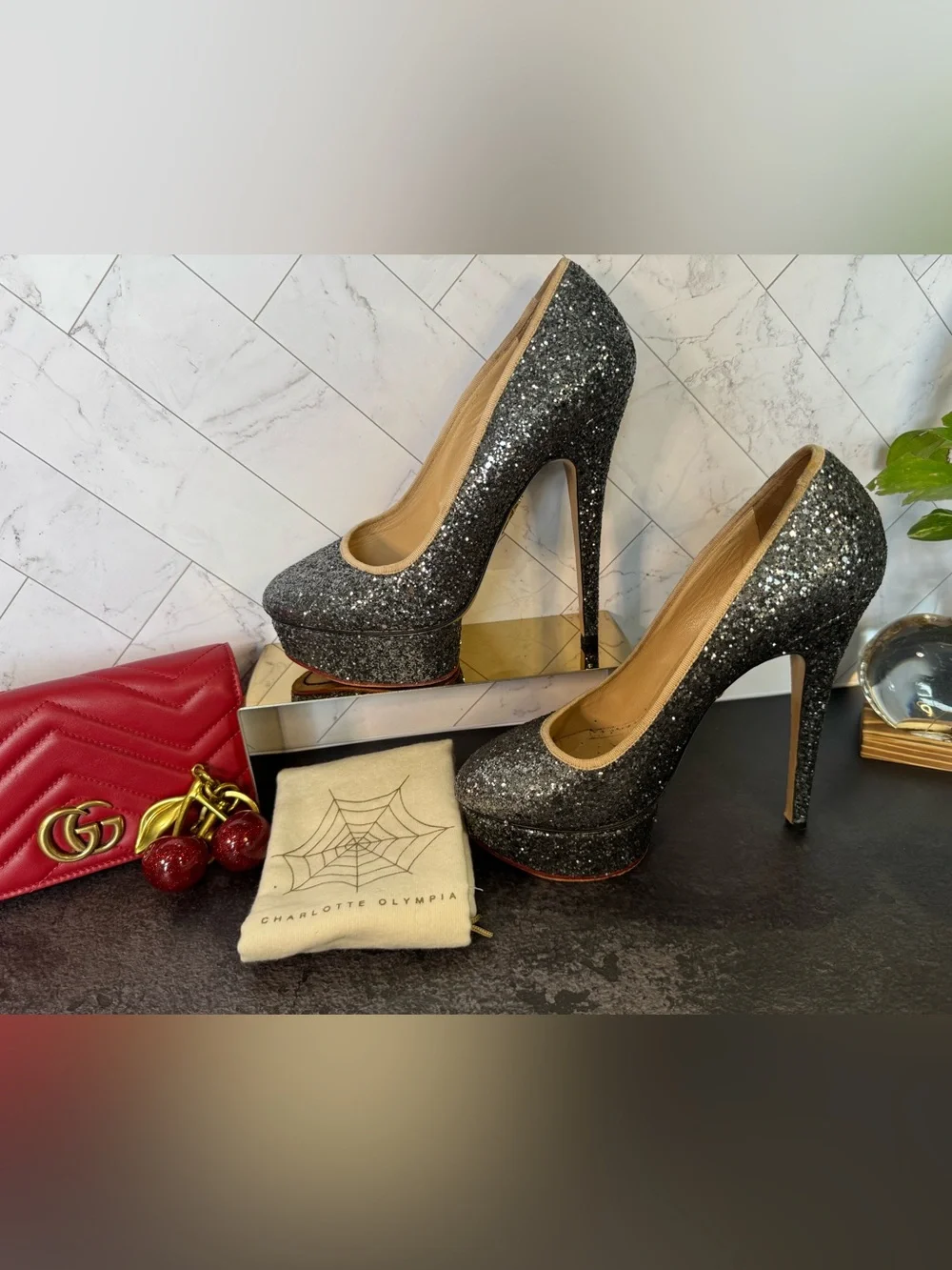 Charlotte Olympia Grey Glitter Dolly Platform Pumps Heels, Size 38